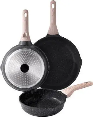 Nonstick Frying Pan Set, 3 Piece Skillet, Granite Cooking Pan, Egg Pan Omelet Pan, Healthy Stone Cookware Chef's Pan, PFOA Free, Induction Compatible (8 Inch, 9.5 Inch, 11 Inch)