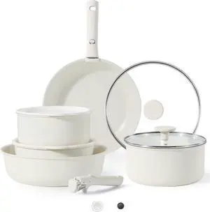CAROTE Pots and Pans Set Non Stick, Cookware Sets, 11pcs Kitchen Set, Oven/Fridge Safe, Space Saving Pots Set, Nonstick Cooking Set with Versatile Detachable Handle, Induction RV Set, Cream White