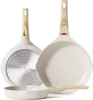 Caannasweis Nonstick Granite Frying Pan Skillet, Non Stick Omelette Fry Pans, Omelet Egg Pan, Stone Cookware Chef's Pan, Induction Compatible, PFOA Free (Beige, 3 Pcs)