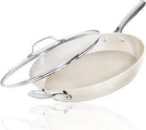 GOTHAM STEEL 14 Inch Non Stick Frying Pans with Lid, Large Frying Pans Nonstick with Lid, Non Toxic Ceramic Pan Skillet, Nonstick Frying Pan, Induction Pan, Oven/Dishwasher Safe  Cream Hammered
