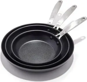 OXO Enhanced, 8" 10" and 12" 3 Piece Frying Pan Skillet Set, Healthy Ceramic Nonstick, PFAS-Free, Stainless Steel Handle, Dishwasher Safe, Oven Safe, Black