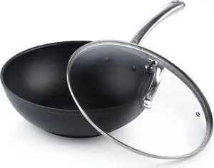 Cooks Standard Nonstick Stir-Fry Wok Pan 11-Inch, Hard Anodized Deep Frying Pan with Glass Lid, Flat Bottom, Black