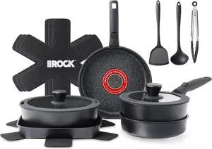 THE ROCK SMART SPACE 16pc Nonstick Pots and Pans Set with ROCK.TEC, Stackable Cookware Set with Detachable Handles, Scratch/Stain/Crack Proof, Induction Ready, Oven & Dishwasher Safe, PFOA-Free, Black