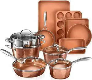 Gotham Steel Hammered 15 Pc Ceramic Cookware Set Nonstick, Deep Copper Pots and Pans Set Non Stick with Bakeware & Deep Fry Pan, Non Toxic PFOA PFOS Free, Induction Oven and Dishwasher Safe