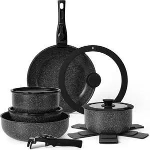 15Pcs Pots and Pans Set Non Stick, Cookware Sets with Detachable Handle, Nonstick RV Kitchen Cooking Tools Removable Handles, Oven Safe, Induction Fast, Stackable Induction Cookware,Black