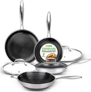 NutriChef 7-Piece Tri-Ply Stainless Steel Frying Pan Set & Wok  Nonstick, Induction Compatible, Oven Safe, Scratch-Resistant, Dishwasher Safe