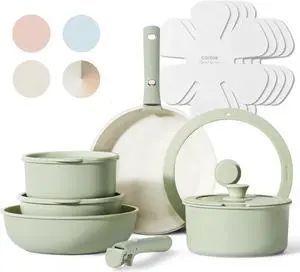 CAROTE Pots and Pans Set, Nonstick Cookware Set Detachable Handle, 15pcs Induction Kitchen Cookware Sets Non Stick with Removable Handle, RV Cookware Set, Oven Safe, Sage Green
