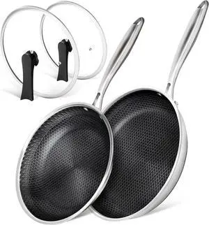 MICHELANGELO Stainless Steel Frying Pan Set with Lids, 9.5 & 11 Inch Frying Pans Nonstick, Stainless Steel Fry Pan Set, Honeycomb Pans for Cooking, Skillet with Lid - Induction Compatible MICHELANGELO Stainless Steel Frying Pan Set with Lids, 9.5 & 11 Inch Frying Pans Nonstick, Stainless Steel Fry Pan Set, Honeycomb Pans for Cooking, Skillet with Lid - Induction Compatible