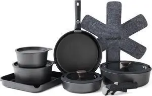 SENSARTE 17 Piece Pots and Pans Set, Nonstick Detachable Handle Cookware Set, Induction Kitchen Cookware Set with Removable Handle, Healthy Non Stick for RV, Dishwasher  Oven Safe, PFOA Free (Black)