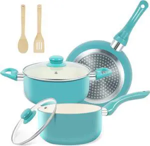 Pots and Pans Set, 7 Piece Nonstick Ceramic Cookware Set, Induction Kitchen Cookware Sets, Pots and Pans Non Stick with Stay Cool Handle, 100% PFOA Free, Turquoise