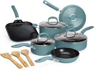 Goodful Ceramic Nonstick Pots and Pans Set, Premium Ceramic Coating Made without PFOA, PTFE or PFAS, Dishwasher Safe, 12-Piece, Turquoise