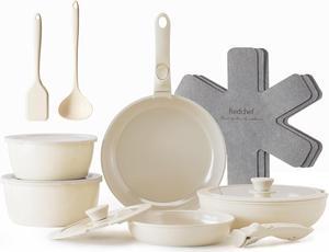 Redchef Ceramic Pots and Pans Set, Nonstick Kitchen Cookware Set with Detachable Handle, Non Toxic Cookware Set 16pcs, PFAS PFOA & PTFE Free, RV Ceramic Cookware Set for Camping, Dishwasher/Oven Safe