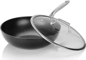 TECHEF - Onyx Collection, 12" Nonstick Flat Bottom Wok/Stir-Fry Pan with Glass Lid, PFOA Free, Dishwasher and Oven Safe, Made in Korea