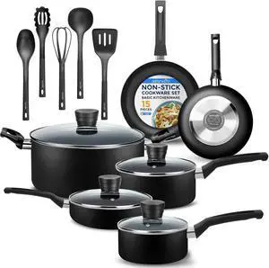 SereneLife Kitchenware Pots & Pans Basic Kitchen Cookware, Black Non-Stick Coating Inside, Heat Resistant Lacquer (15-Piece Set), One Size