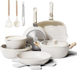 19 Pcs Pots and Pans Set Non Stick Ceramic Cookware Set with Removable Handles, Non Toxic Induction Kitchen Cookware Sets RV Cookware,Dishwasher/Oven Safe PFAS/PTFE/PFOA Free Cream White