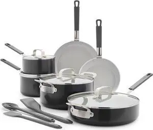 GreenPan x Bobby Flay 13 Piece Cookware Pots and Pans Set, Professional Grade Aluminum, PFAS-Free Ceramic Nonstick, Induction Suitable, Stay-Cool Silicone Handle, Dishwasher & Oven Safe, Graphite