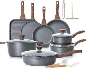 SENSARTE Nonstick Cookware Set 23-Piece, Non Stick Pots and Pans Set with Swiss Granite Coating, Healthy Kitchen Cooking Set, Stay-Cool Handles