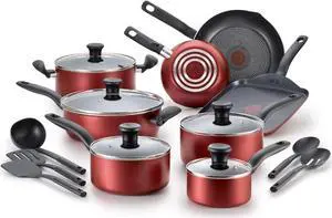 T-fal Initiatives Nonstick Cookware Set 18 Piece, Oven Broiler Safe 350F, Kitchen Cooking Set w/Fry Pans, Saucepans, Saute Pan, Dutch Oven, Griddle, Pots and Pans, Home, Dishwasher Safe, Red T-fal Initiatives Nonstick Cookware Set 18 Piece, Oven Broiler Safe 350F, Kitchen Cooking Set w/Fry Pans, Saucepans, Saute Pan, Dutch Oven, Griddle, Pots and Pans, Home, Dishwasher Safe, Red