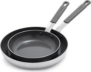 GreenPan x Bobby Flay Stainless Steel 8 & 10 Frying Pan Skillet Set, Professional Grade Tri Ply, PFAS-Free Ceramic Nonstick, Induction Suitable, Dishwasher & Oven Safe, Stay Cool Handle