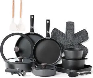 SENSARTE 24 Piece Pots and Pans Set, Nonstick Detachable Handle Cookware, Induction Kitchen Cookware Set with Removable Handle, Healthy Non Stick for RV, DishwasherOven Safe (Black)