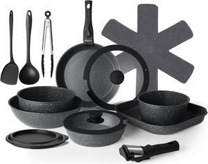 20 Pcs Pots and Pans Set Non Stick, Stackable Cookware Sets with Detachable Handle, Granite Induction RV Kitchen Portable Cooking Set Removable Handles, Dishwasher  Oven Safe, Black