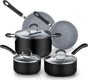 Cook N Home Pots and Pans Nonstick Kitchen Cookware Sets include Saucepan Frying Pan Stockpots 8-Piece, Heavy Gauge, Stay Cool Handle, Marble