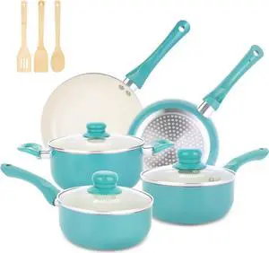 Pots and Pans Set Nonstick, 11pcs Kitchen Cookware Sets Induction Cookware, Ceramic Non Stick Cooking Set, Stay Cool Handle & Bamboo Kitchen Utensils, 100% PFOA Free, Turquoise