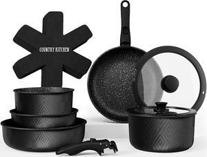 Country Kitchen Cookware Set with Removable Handle, Oven & RV Safe Pots and Pans Set, Black Rhombus, Original