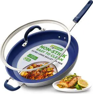 NutriChef 14" Fry Pan With Lid - Extra Large Skillet Nonstick Frying Pan with Silicone Handle, Ceramic Coating, Blue Silicone Handle, Stain-Resistant And Easy To Clean, Professional Home Cookware