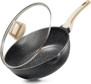 CAROTE 12Inch Nonstick Deep Frying Pan with Lid, 5.5 Qt Jumbo Cooker Saute Pan with Pour Spout, Skillet Induction Cookware, Non Stick Cooking Pan PFOA Free, Classic Granite