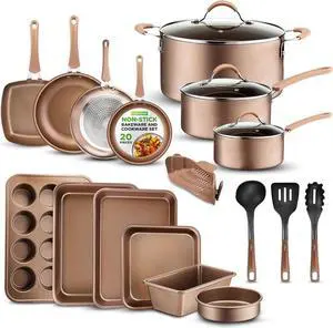 20-Piece Nonstick Kitchen Cookware Set - PTFE/PFOA/PFOS-Free Heat Resistant Lacquer Kitchen Ware Pots Baking Pan Set w/ Saucepan, Frying Pans, Cooking Pots, Oven Pot, Lids, Utensil - NutriChef NCCW20S