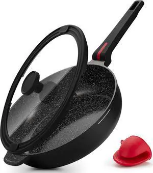 Ceramic Nonstick Sauté Pan with Lid, 11 Inch/4.5 Quart Deep Frying Pan Skillet, Non Stick Induction Cookware, Dishwasher Safe, PTFE PFOA FREE, Black