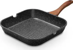 ESLITE LIFE 9.5 Inch Nonstick Grill Pan for Indoor Cooking, Versatile Induction Square Large Grilling Skillet Steak Pan for Stove Tops, PTFE & PFOA Free, Black