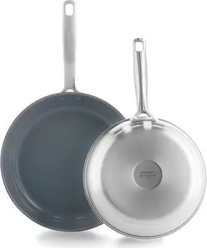 GreenPan Treviso 9.5 and 11 Frying Pan skillet Set, Non-Toxic PFAS-Free Stainless Steel Ceramic Nonstick Coating, Induction Suitable, Multi Clad, Pouring Rims, Dishwasher & Oven Safe to 600°