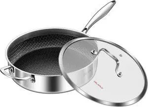 DELARLO Tri-Ply Stainless Steel 12 Inch Deep Frying Pan with lid 6QT Saute Pan Nonstick, Induction Compatible Chef Cooking Pan, Large Pan Dishwasher & Oven Safe