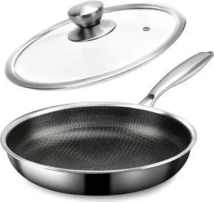 Stainless Steel Frying Pan with Lid - 9.5 Inch Nonstick Frying Pan with Lid, Honeycomb Stainless Steel Skillet Omelet Chef's Pan with Stay Cool Handle, Induction Compatible, PFOA Free