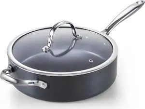 Cooks Standard 4-QT Nonstick Deep Sauté Pan with Lid, 10.5-inch Deep Frying Pan Hard Anodized Ceramic Nonstick Induction Cookware, Oven Safe Large Skillet Jumbo Cooker Sartén, Helper Handle, Black