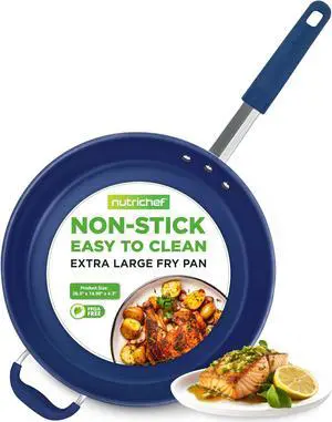 NutriChef 14" Extra Large Fry Pan - Skillet Nonstick Frying Pan with Silicone Handle, Ceramic Coating, Blue Silicone Handle, Stain-Resistant And Easy To Clean, Professional Home Cookware