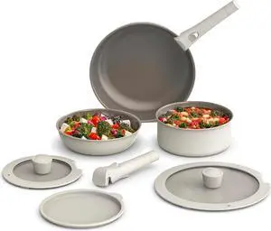 bella 8 Piece Cookware Set, Fits-anywhere Kitchenware w EverGood Ceramic Nonstick Coating, Removable Handles, Dishwasher & Oven Safe, All Stovetops Compatible, Glass Lids w Silicone Rims, Oatmilk