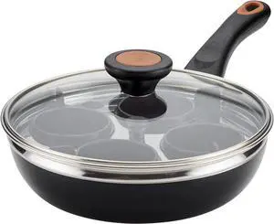 Farberware Glide Ceramic Nonstick Dishwasher Safe Egg Poacher Pan/Skillet with 4 Poaching Cups and Lid, 8 Inch, Black