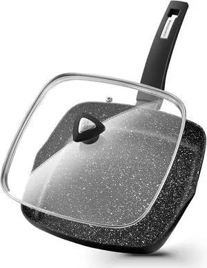 KOCH SYSTEME CS 9.5 Inch Nonstick Grill Pan for Stove Tops, Marble Coating Square Grill Skillet with Lid, Fry Pan Compatible with all Stoves, Ultimate Nonstick Skillet with Bakelite Handle, Toxic-Free