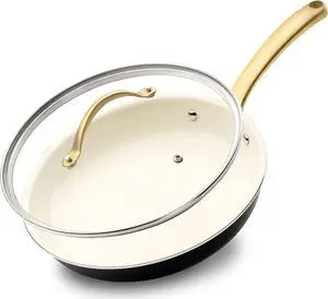 NutriChef 12-Inch Professional Ceramic Frying Pan With Lid - Large Skillet with Golden Titanium Handle, Non-Stick Ceramic Coating, Stain-Resistant, Easy to Clean, Ideal for Home Cooking