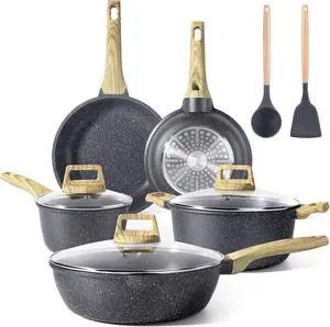 GiPP Pots and Pans Set Non Stick - 10 Pcs White Granite Kitchen Cookware Sets Nonstick Induction Cookware Cooking Pan Set with Frying Pans, Saucepans and Silicone Utensils, PFOS & PFOA Free, Gray