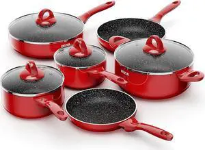 Induction Cookware Pots and Pans Set 10 Piece, BEZIA Dishwasher Safe Nonstick Cooking Pans, Stay-Cool Bakelite Handle, Scratch Resistant Kitchen Sets with Frying Pans, Saucepans & Stockpot (Red)