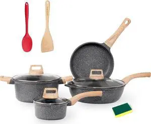 Pots and Pans Set Non Stick, Cookware Sets 10Pcs, Granite Cookware Set, Black kitchen Pan Sets for Cooking Nonstick,Induction Cookware,Dishwasher Safe Cooking Set,PFOA Free