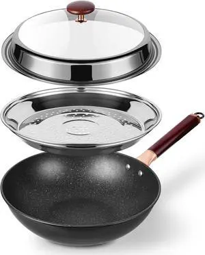 12.5 Woks & Stir-Fry Pans with Lid Steamer, Nonstick Ceramic Wok Pan with Lid, Deep Large Induction Hard Anodized Frying Wok, Carbon Steel Wok Set Flat Bottom, Large Saute Pan Set