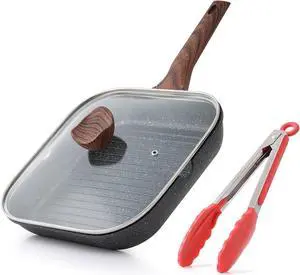 Nonstick Grilling Pan with Lid for Stove Tops, 11 Inch Square Grill Pan for Indoor Cooking, Granite Coating Grill Skillet with Pour Spouts, Versatile Griddle, Induction Steak Pan, PFOA Free
