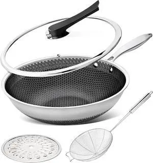 MICHELANGELO Wok Pan with Lid, 12 Inch Stainless Steel Wok with Spider Strainer and Steaming Rack, Honeycomb & Stir-fry Pans Flat Bottom Wok Induction Compatible, Dishwasher and Oven Safe