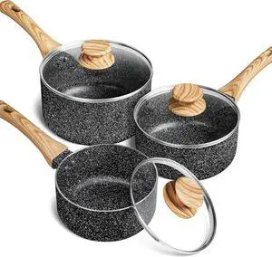 MICHELANGELO Saucepan Set with Lid, Nonstick Sauce Pan with Lid 1QT, 2QT & 3QT, Stone Saucepan Sets, Small Sauce Pot with Lid, Granite Sauce pan 3 Piece, Sauce Pots, Black