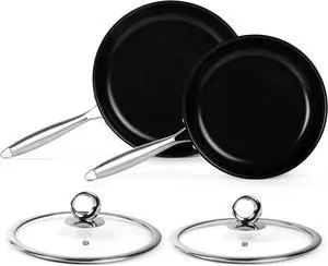 Stainless Steel Frying Pan Set, Titanium Ceramic 10 and 12 Non Stick Frying Pan Skillet Set with Lids, No Toxic Nonstick Egg Omelet Cooking Pan Set, Induction Compatible, PFAS&PTFE Free